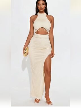 Fashion Nova Cream Two-Piece Halter Cutout Maxi Dress